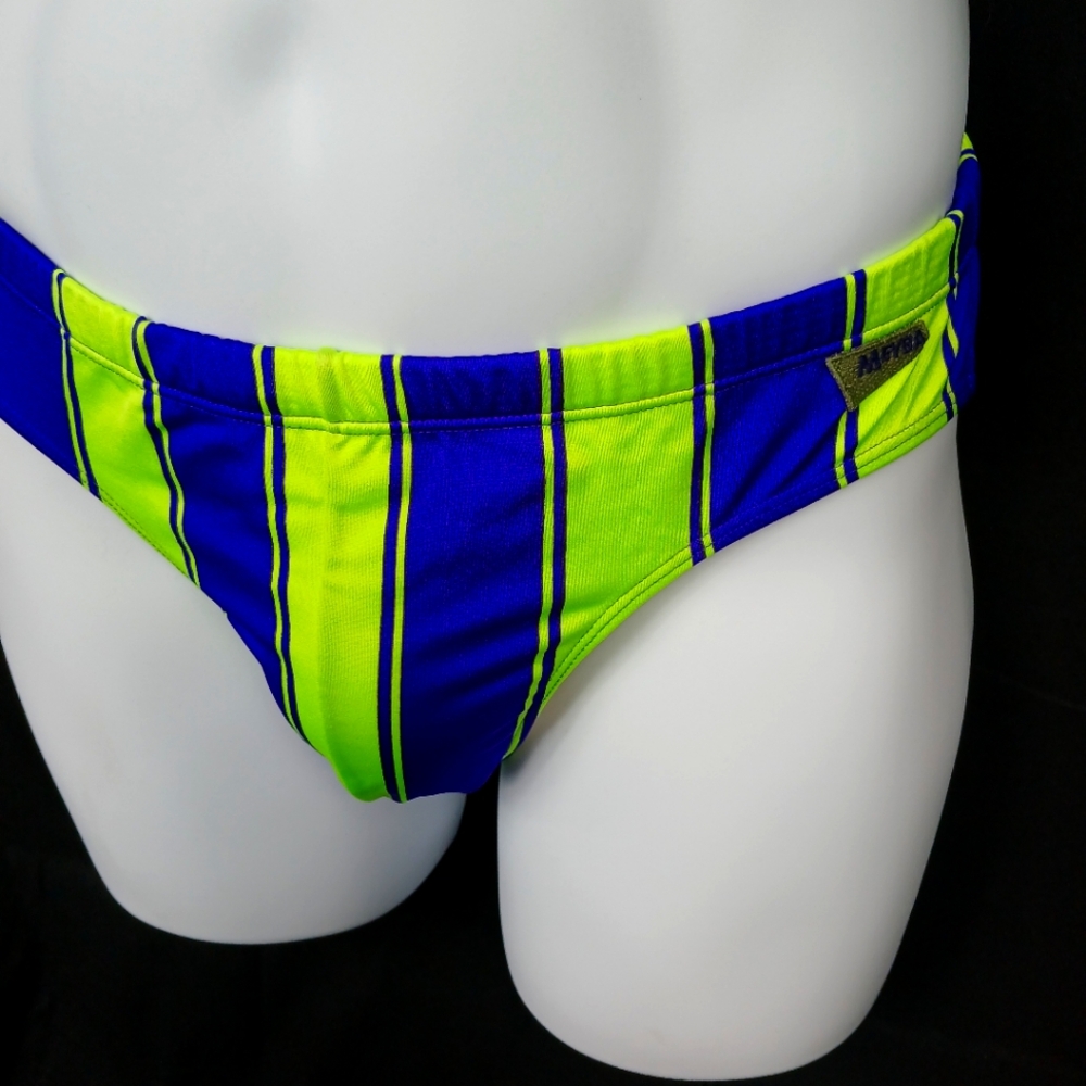 Meyba Purple and Neon Yellow Striped Swim Briefs Size M